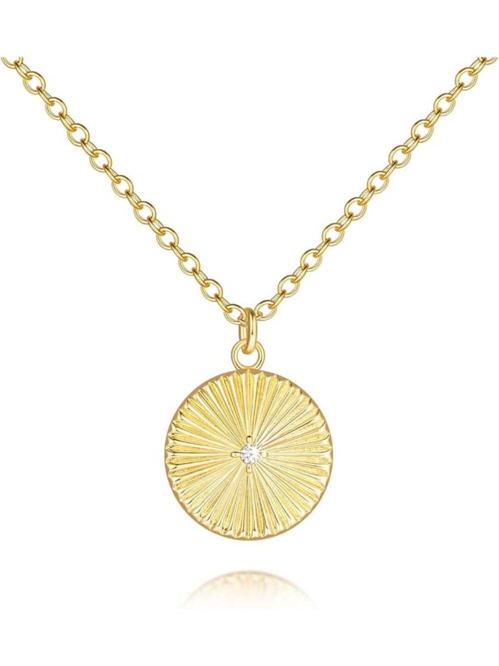 Dainty 14K Gold Circle Pendant Necklace with Cubic Zirconia & Sunray Engravings